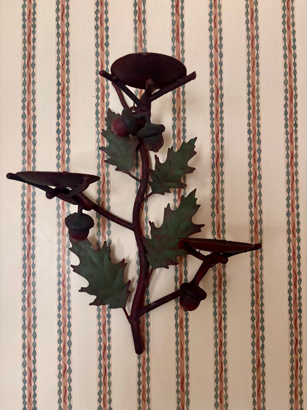Wall Sconce Candle Holder Rustic Leaves & Acorns 14 X 10" Holds 3 pillar candles